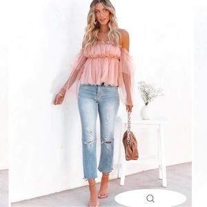 RENLEY OFF THE SHOULDER TULLE BLOUSE - BLUSH